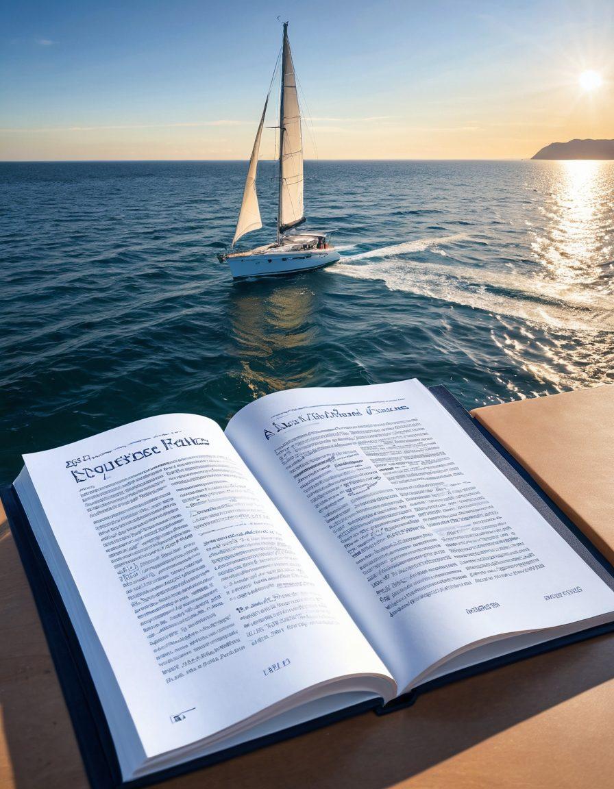 A serene seascape with a luxurious yacht sailing smoothly on crystal-clear waters under a bright blue sky. In the foreground, an open guidebook with yacht insurance terms illustrated, like coverage options and safety tips. Gentle waves hint at adventure, while a distant sun setting casts warm, golden hues. Elegant typography displays the title 'Navigating the Waves' subtly integrated into the scene. super-realistic. vibrant colors. airy composition.