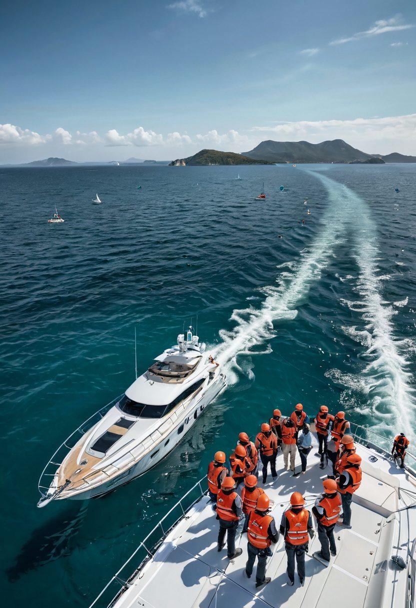 A serene seascape view with a luxurious yacht anchored in calm turquoise waters, showcasing safety equipment like life jackets and flares prominently displayed. In the background, a diverse group of people are engaged in safety drills on a larger yacht, with a clear sky and distant islands creating a peaceful atmosphere. Emphasize the themes of safety, teamwork, and adventure. super-realistic. vibrant colors. nautical theme.