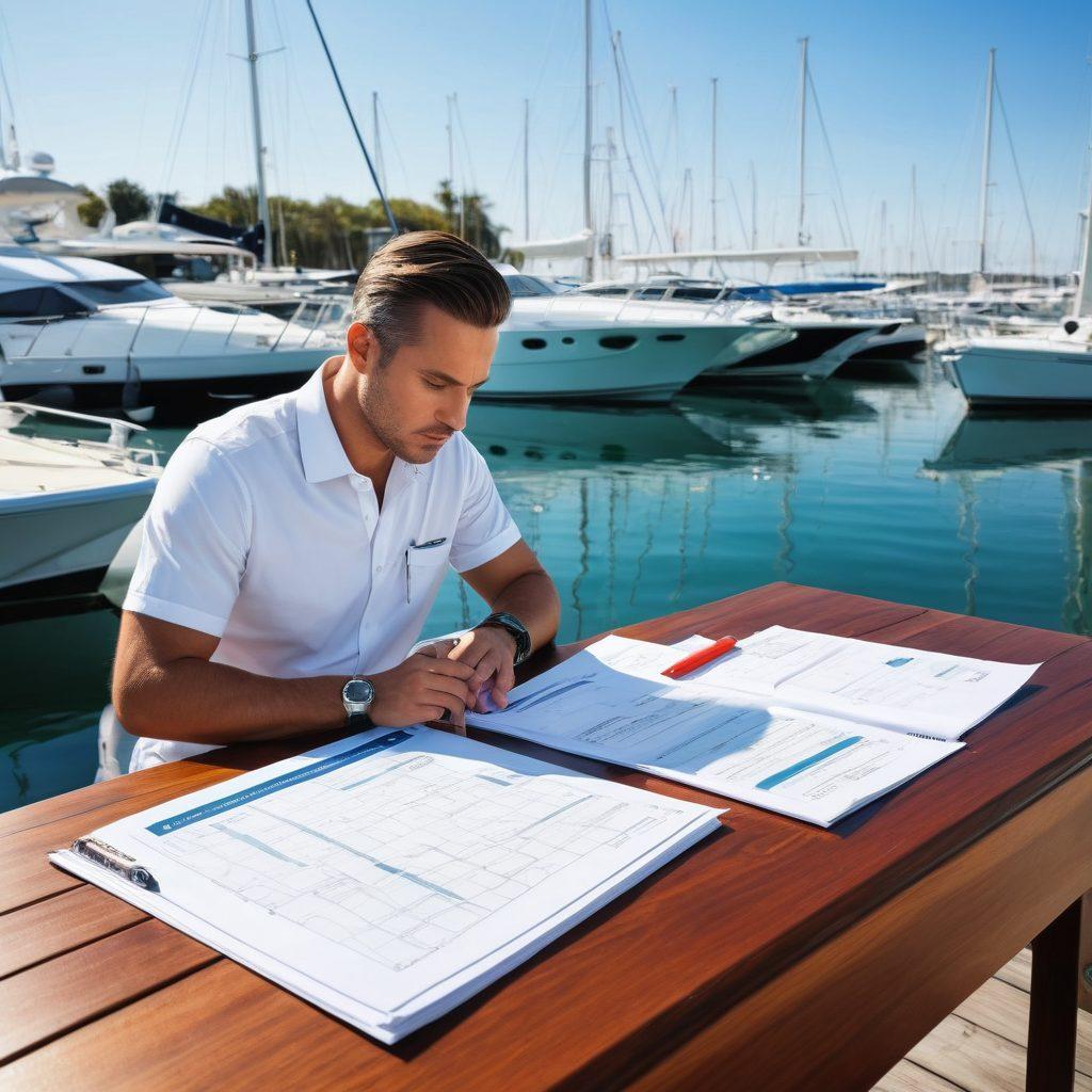 A serene marina scene with luxurious yachts docked under a clear blue sky. In the foreground, a professional insurance agent discusses policies with a boat owner, charts and documents spread out on a dock. Nautical elements like ropes, life vests, and compasses are subtly included for context. The atmosphere is calm yet informative, evoking trust and security. super-realistic. vibrant colors. clear details.